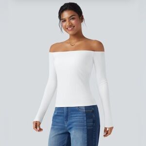 Halara Ribbed Knit Off Shoulder Long Sleeve 2-in-1 Casual Top Sz Medium